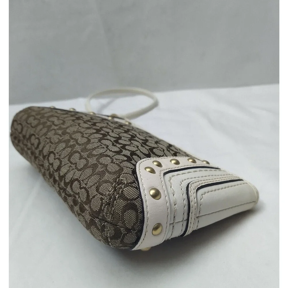Coach Mini C Brown Canvas Leather Trim Studded Zipper Wristlet - Coin Wallet